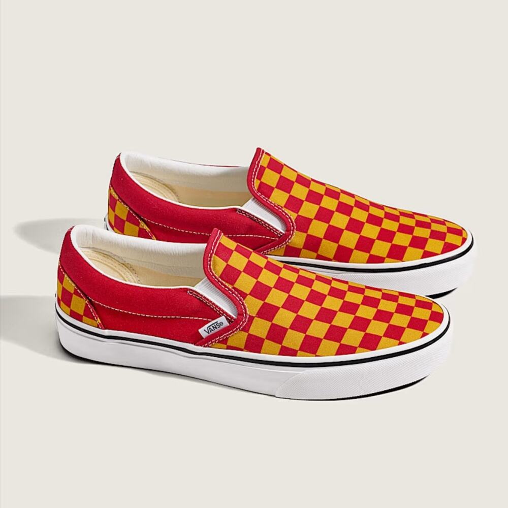 Retro style Vans Game Day Classic Slip-On Checkerboard red gold Shoes size 9 NWT
